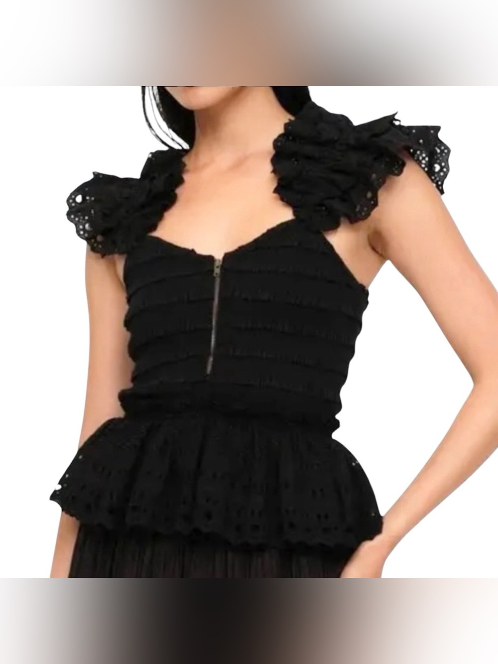 Sea New York Marley Lace Cotton Eyelet Flutter Sleeve Zip Front Peplum Top